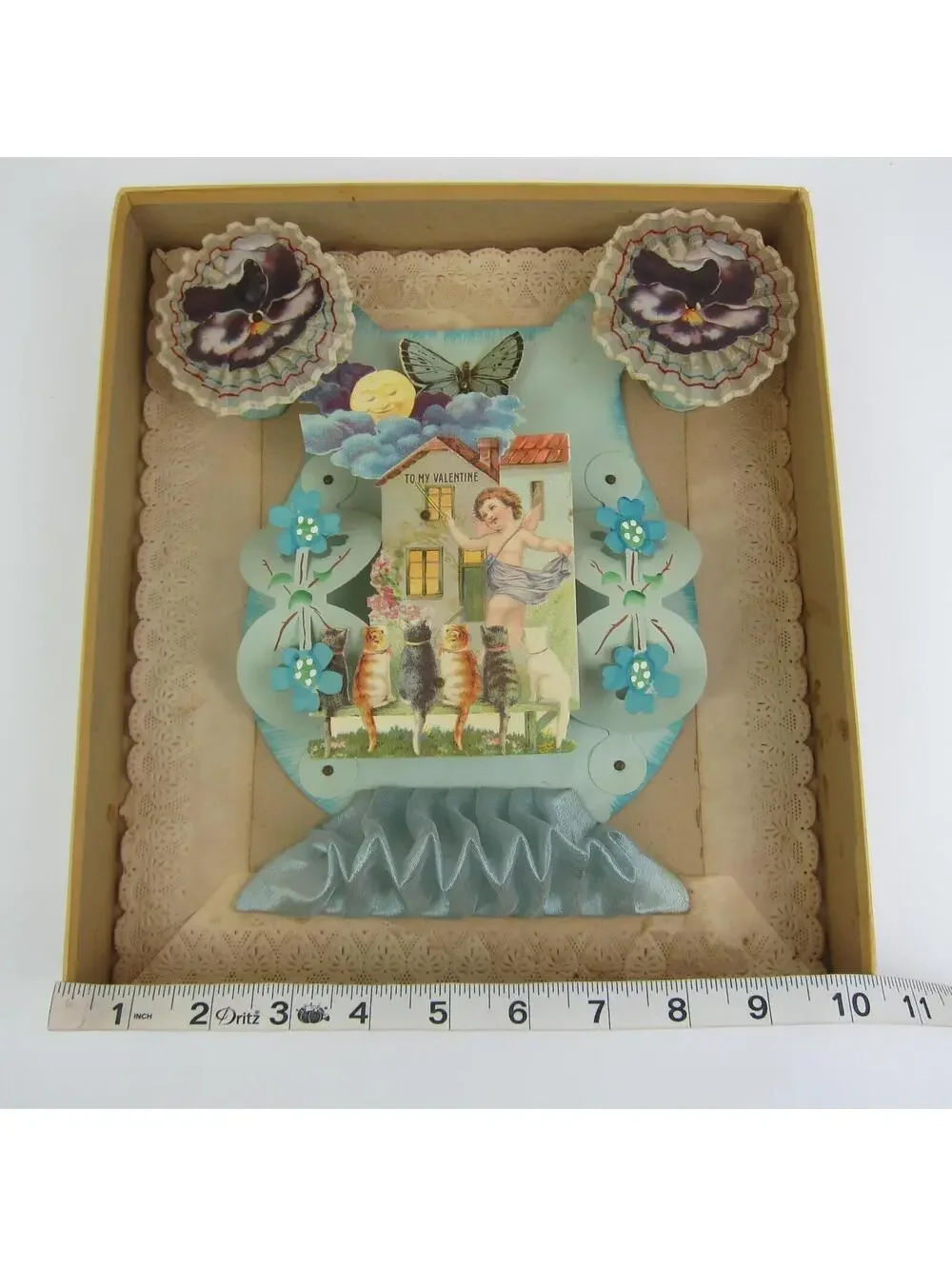 Antique Valentine 3D Cupid Cats Butterfly Moon Blue Fabric Large Store Box RARE